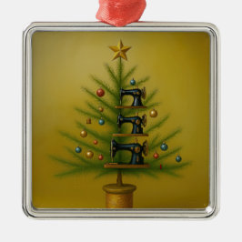 Ornement Carré Argenté Sewing machine Christmas tree Happy Crafty Xmas