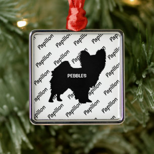 Ornement Carré Argenté Silhouette de chien Papillon personnalisé