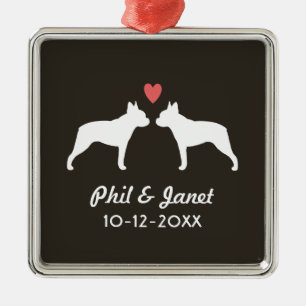 Ornement Carré Argenté Silhouettes de Boston Terrier avec le coeur et le