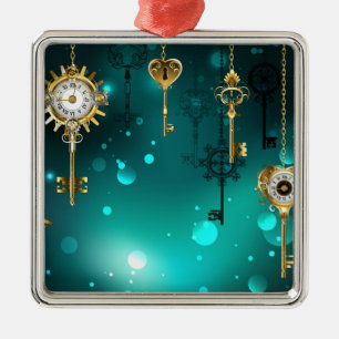Ornement Carré Argenté Skeleton Keys on Green Background