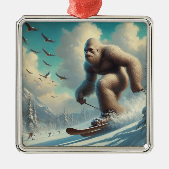 Ornement Carré Argenté Ski Bigfoot (Devant)