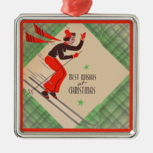 Ornement Carré Argenté Skier de Noël des années 1950