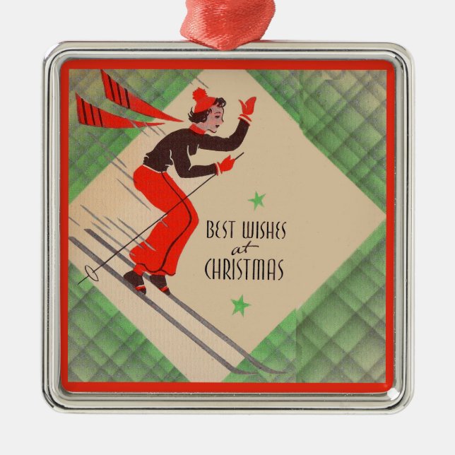 Ornement Carré Argenté Skier de Noël des années 1950 (Devant)