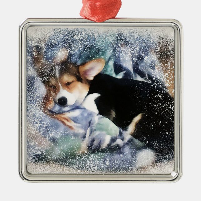 Ornement Carré Argenté Sleepy Welsh Corgi Puyppy (Devant)