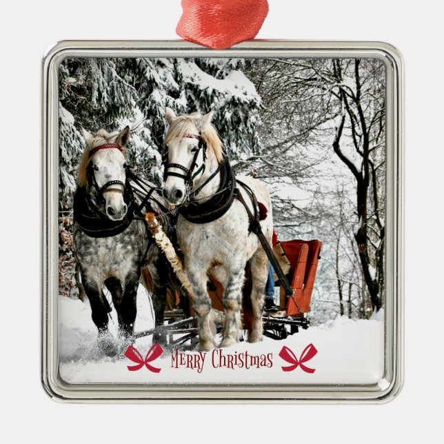 Ornement Carré Argenté Sleigh Ride, Merry Christmas (Devant)