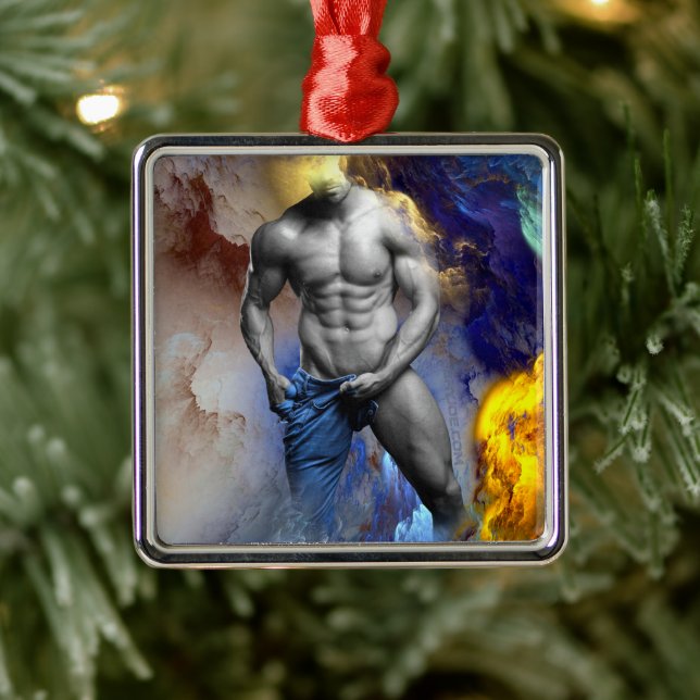 Ornement Carré Argenté SlipperyJoe's Man steamy shirt abs six pack (Arbre)