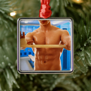 Ornement Carré Argenté SlipperyJoe's muscular man shirtless 6-pack gymnas