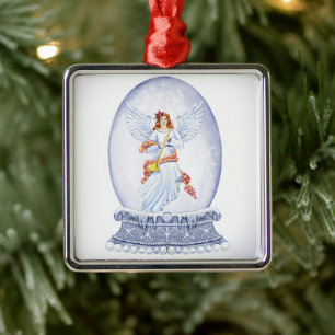 Ornement Carré Argenté Snow globe with angel illustration