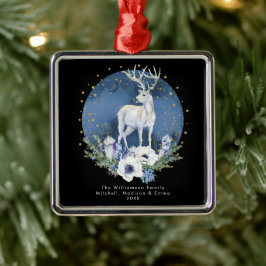 Ornement Carré Argenté Solstice d'hiver Deer Bleu Blanc Noël