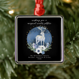 Ornement Carré Argenté Solstice d'hiver Deer Bleu Blanc Noël