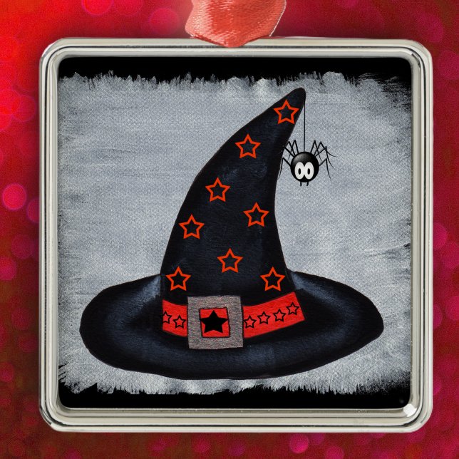 Ornement Carré Argenté Sorcière Casquette Étoiles mignonne araignée (Black Witch hat orange stars silver buckle cute spider on Halloween hanging ornament.)
