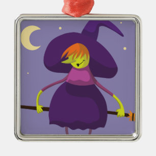 Ornement Carré Argenté Sorcière Cutie avec balai Halloween