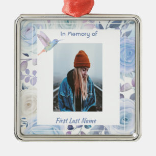 Ornement Carré Argenté Souvenir de mémoire Colibri Roses bleues