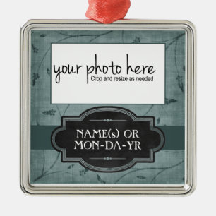 Ornement Carré Argenté Souvenir personnalisé floral bleu de photo
