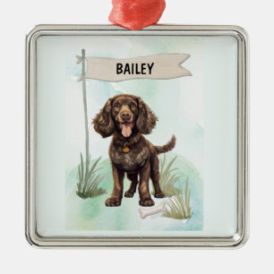 Ornement Carré Argenté Spaniel d'eau américain Aquarelle Chien Personnali