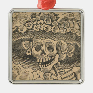 Ornement Carré Argenté Squelette Dapper (Calavera Catrina) (Crâne Élégant