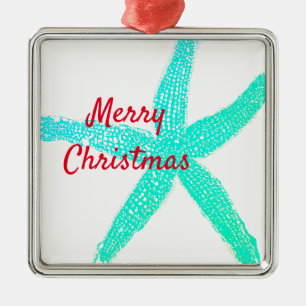 Ornement Carré Argenté Starfish Motif Vert Bleu Rouge Joyeux Noël