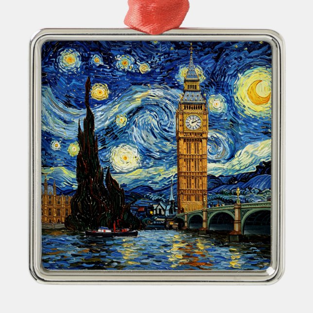 Ornement Carré Argenté Starry Night Big Ben London England (Devant)