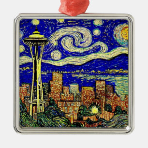 Ornement Carré Argenté Starry Night Seattle Washington