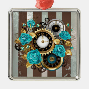 Ornement Carré Argenté Steampunk Clock and Turquoise Roses on Striped