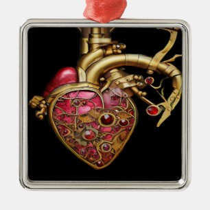 Ornement Carré Argenté Steampunk Coeur Anatomique rubis et engrenages