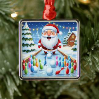 Ornement Carré Argenté Striking Santa Bowling Candy Cane Lane Personalize