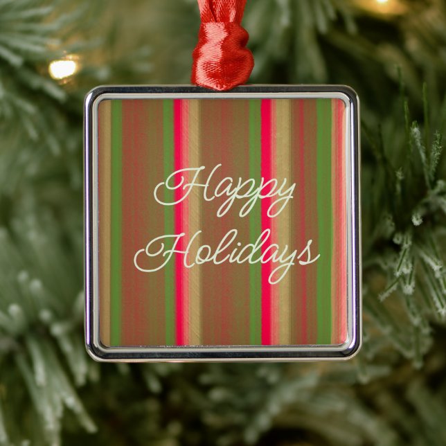 Ornement Carré Argenté Striped Painting Happy Holidays (Arbre)
