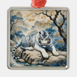 Ornement Carré Argenté Style chinois de tigre mignon Imaginaire