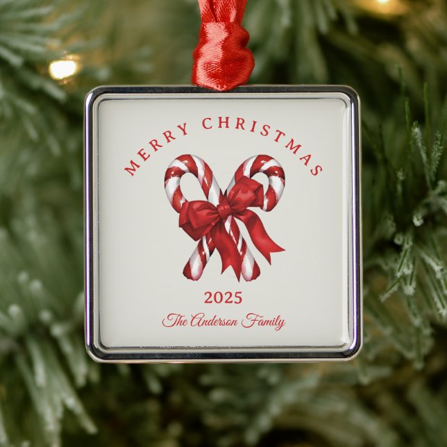 Ornement Carré Argenté Sucre de canne personnalisé cadeau rouge de Noël (Arbre)