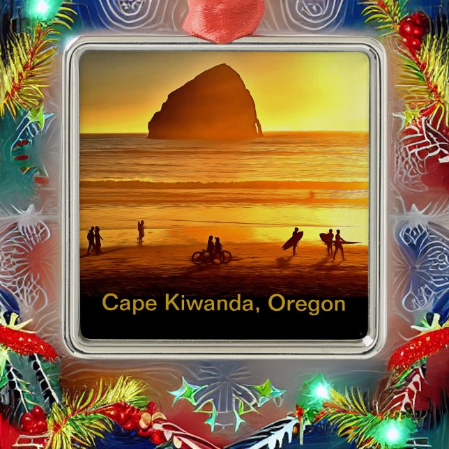 Ornement Carré Argenté Sunset Surf et Vélo Cape Kiwanda Oregon (Créateur téléchargé)