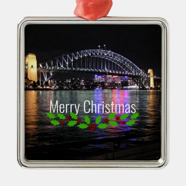 Ornement Carré Argenté Sydney Harbour Bridge - Joyeux Noël! (Devant)