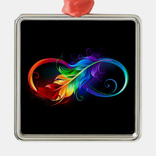 Ornement Carré Argenté Symbole d'infini avec plume arc-en-ciel