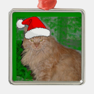 Ornement Carré Argenté Tabby de Noël Orange Kitty Chat