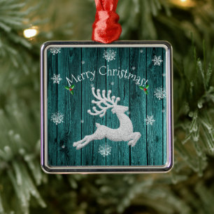 Ornement Carré Argenté Teal Rustic Christmas Reindeer Ceramic Ornament