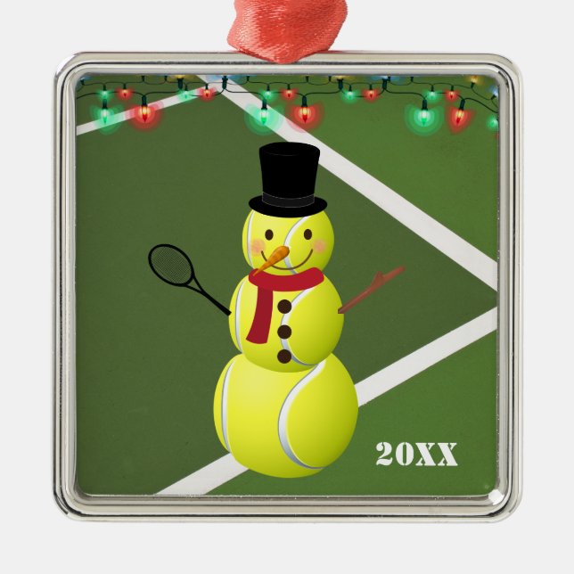 Ornement Carré Argenté Tennis Ball Snowman Noël (Devant)