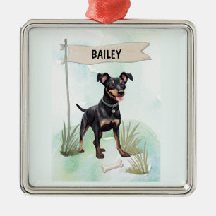 Ornement Carré Argenté Térrier de Manchester Aquarelle Chien Personnalisé