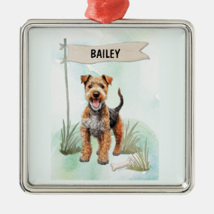 Ornement Carré Argenté Terrier du Lakeland Aquarelle Chien Personnalisé