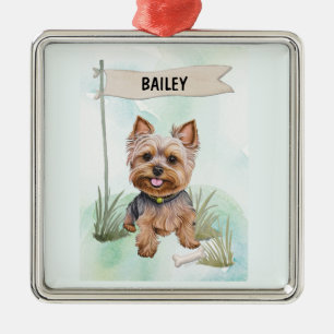 Ornement Carré Argenté Terrier du Yorkshire Aquarelle Chien Personnalisé