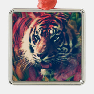 Ornement Carré Argenté Tigre dans le champ floral