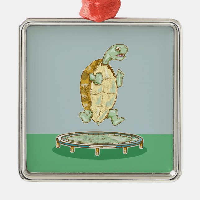 Ornement Carré Argenté Tortue sur trampoline (Devant)