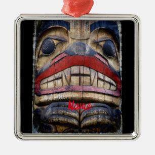 Ornement Carré Argenté Totem Pole Face Thunder_Cove