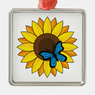 Ornement Carré Argenté Tournesol et papillon bleu