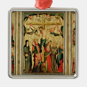 Ornement Carré Argenté Triptyque dépeignant la crucifixion du Christ