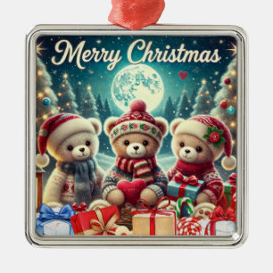 Ornement Carré Argenté Trois mignons Nounours Joyeux Noël