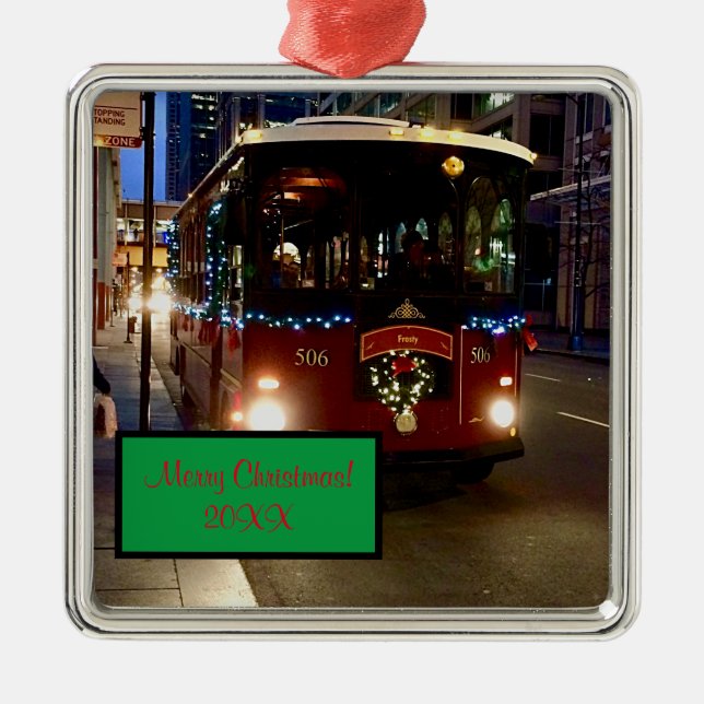 Ornement Carré Argenté Trolley De Noël À Chicago (Devant)