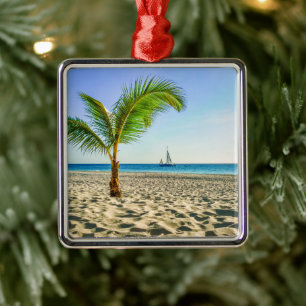 Ornement Carré Argenté Tropical Beaches Sailboat, Palm Tree, Aruba
