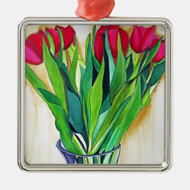 Ornement Carré Argenté tulipe rose et rouge aquarelle art (Devant)