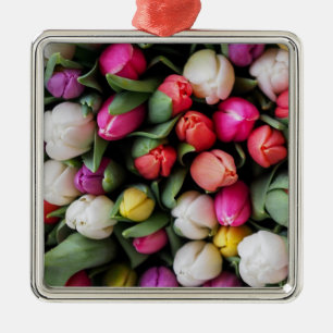 Ornement Carré Argenté Tulipes Fleurs colorées Printemps de Pâques