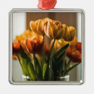 Ornement Carré Argenté Tulipes Fleurs orange