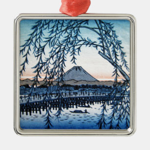 Ornement Carré Argenté Ukiyo-e le mont Fuji Japon